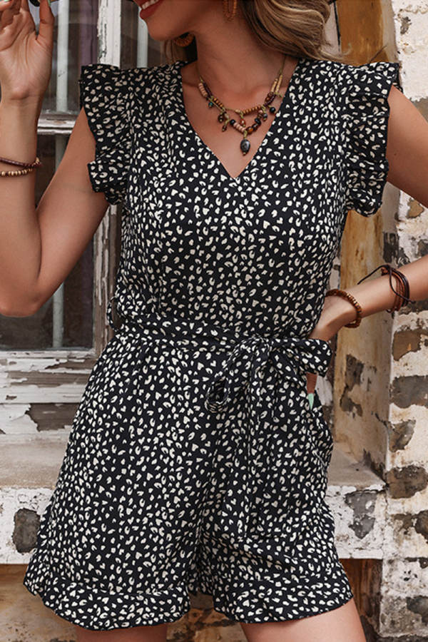 Casual Print Flounce V Neck Straight Rompers