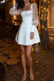 Casual Solid Patchwork Mesh Square Collar Cake Skirt Dresses