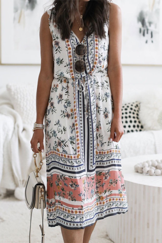 Casual Floral Patchwork Frenulum V Neck A Line Dresses