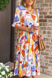 Fashion Print Patchwork V Neck Cake Skirt Dresses