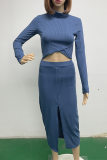 Fashion Casual Solid Patchwork Slit Turtleneck Long Sleeve Two Pieces