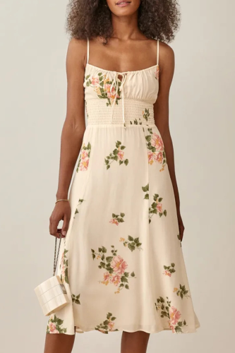 Fashion Elegant Floral Patchwork Frenulum Spaghetti Strap Waist Skirt Dresses