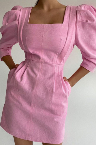 Fashion Casual Solid Patchwork Square Collar A Line Dresses