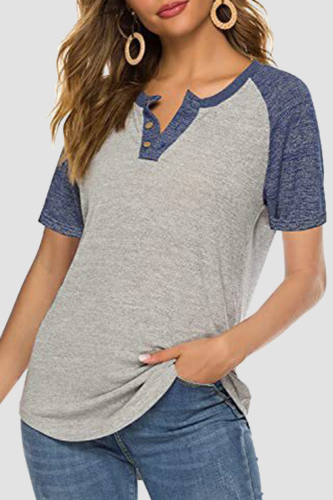 Casual Patchwork Buckle Contrast O Neck T-Shirts