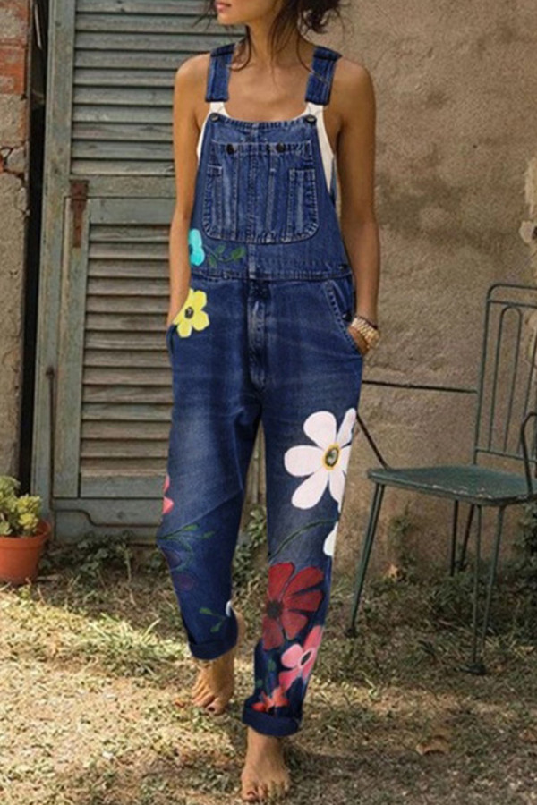 Street Print Printing Sleeveless Harlan Denim Jumpsuits