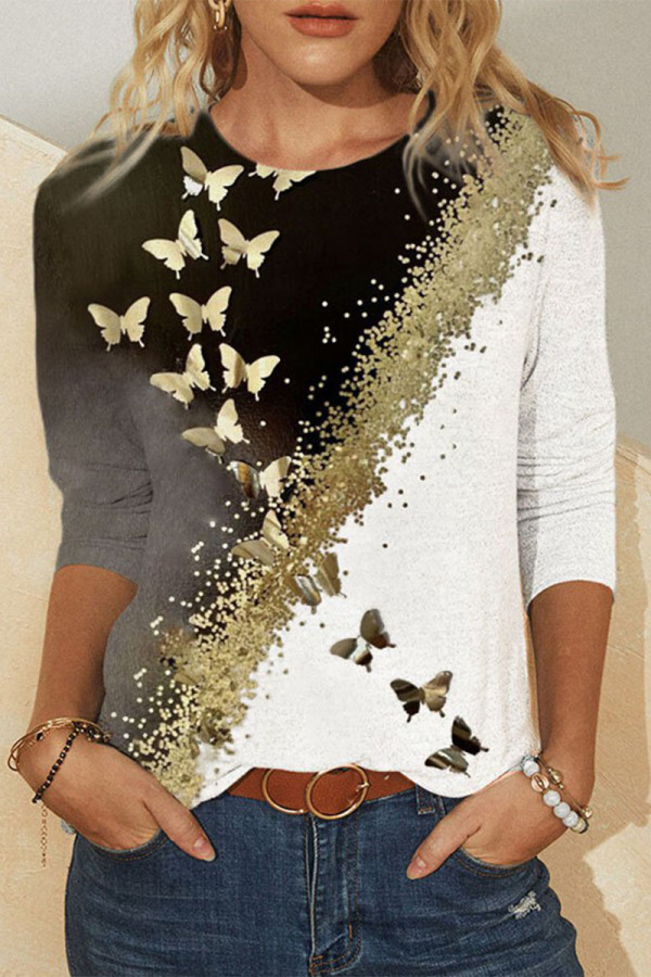 Casual Print Printing O Neck Tops