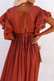 Casual Solid Patchwork V Neck Cake Skirt Dresses