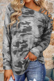 Fashion Casual Camouflage Print Patchwork Oblique Collar T-Shirts