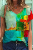 Casual Print Patchwork V Neck T-Shirts