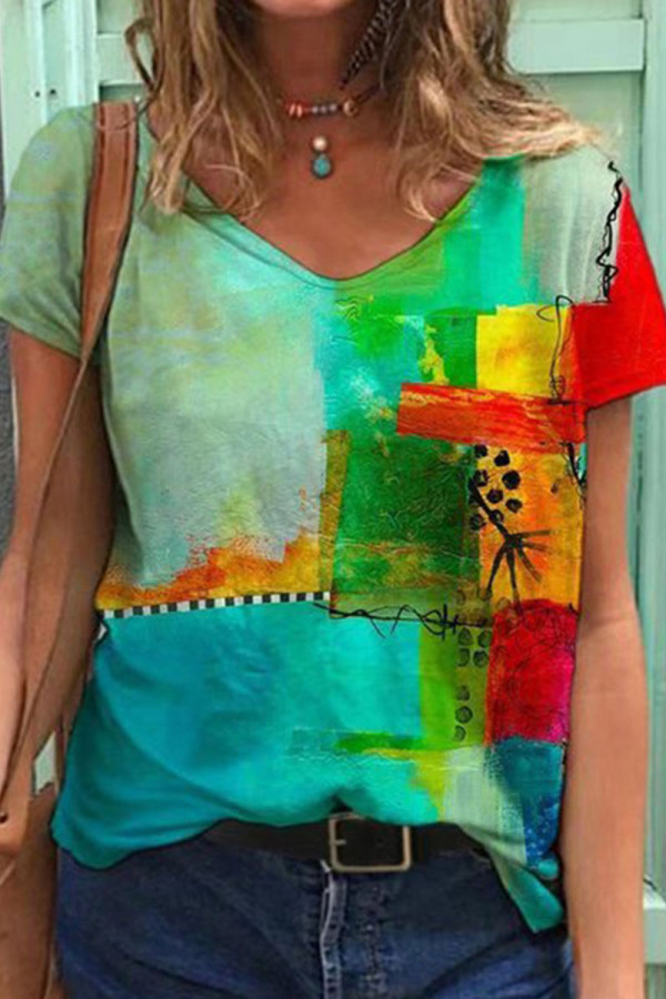 Casual Print Patchwork V Neck T-Shirts