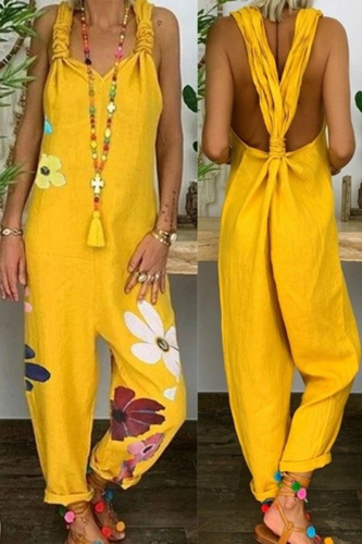 Casual Floral Patchwork Backless Fold V Neck Loose Jumpsuits