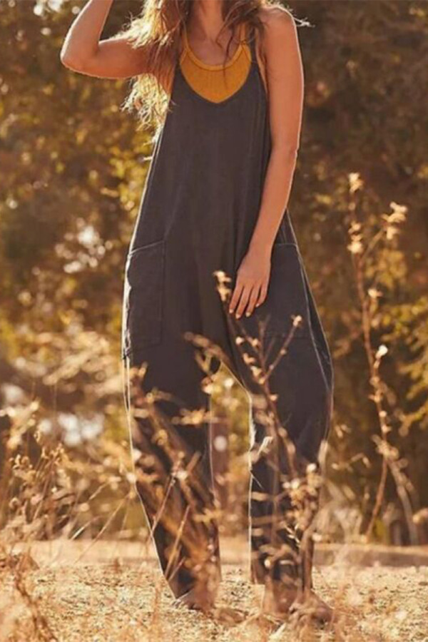 Street Solid Solid Color V Neck Loose Jumpsuits