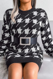 Casual Print Without Belt Contrast O Neck One Step Skirt Dresses