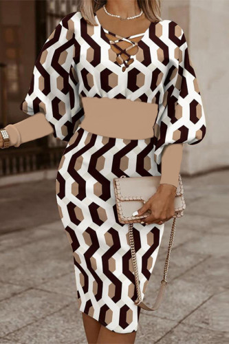 Elegant Print Bandage V Neck Wrapped Skirt Dresses