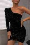 Elegant Solid Solid Color Oblique Collar A Line Dresses