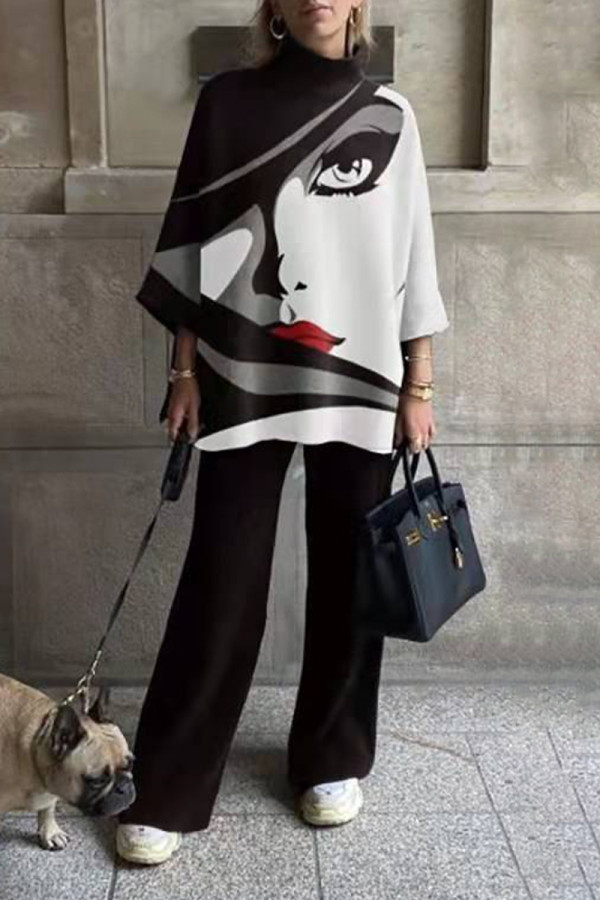 Casual Street Print Printing Half A Turtleneck Three Quarter Two Pieces