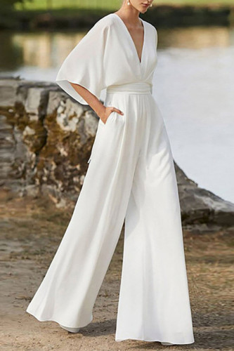 Elegant Solid Solid Color V Neck Boot Cut Jumpsuits
