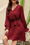 Sweet Patchwork Frenulum Fold V Neck Pleated Dresses