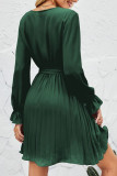 Sweet Patchwork Frenulum Fold V Neck Pleated Dresses