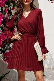 Sweet Patchwork Frenulum Fold V Neck Pleated Dresses