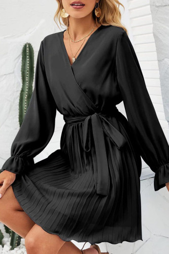 Sweet Patchwork Frenulum Fold V Neck Pleated Dresses