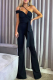 Street Solid Patchwork One Shoulder Boot Cut Jumpsuits