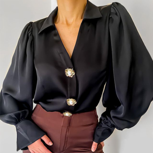 Casual Solid Buckle Turndown Collar Tops
