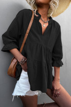Casual Solid Flounce Fold V Neck Tops