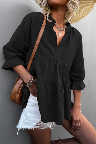 Casual Solid Flounce Fold V Neck Tops