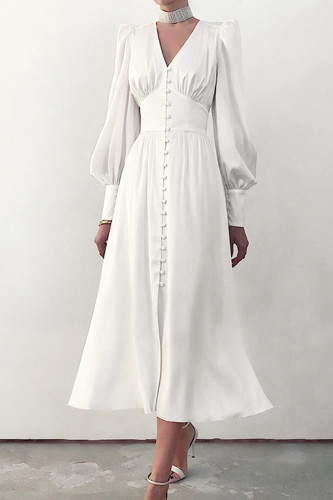 Elegant College Solid Buckle V Neck A Line Dresses