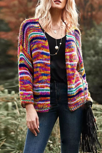 Casual Color Block Patchwork Cardigan Collar Tops