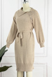 Casual Elegant Solid Buckle With Belt Turtleneck Dresses