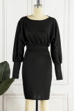 Elegant Solid Patchwork Fold O Neck Waist Skirt Dresses