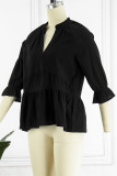 Casual Solid Flounce Fold V Neck Tops