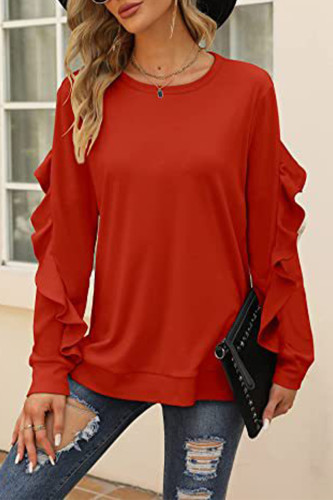 Casual Solid Flounce O Neck Tops