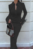 Elegant Solid Buckle Turndown Collar A Line Dresses