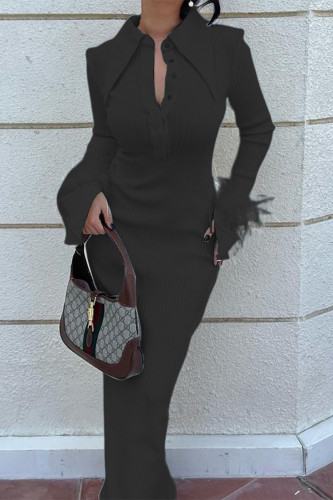 Elegant Solid Buckle Turndown Collar A Line Dresses