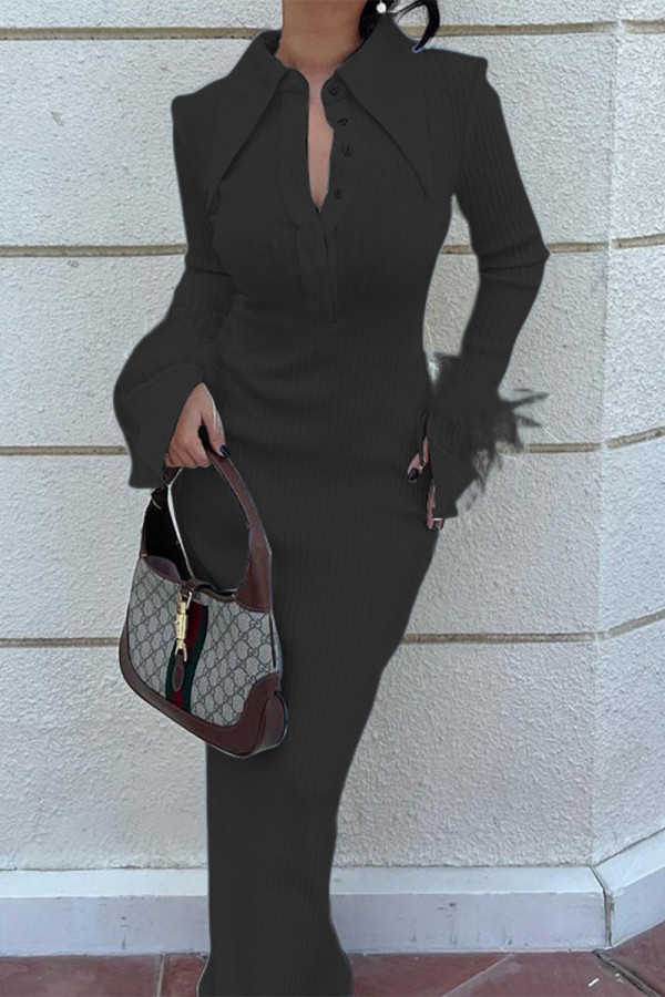 Elegant Solid Buckle Turndown Collar A Line Dresses
