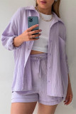 Casual Simplicity Solid Fold Turndown Collar Long Sleeve Two Pieces