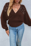 Work Solid Beading V Neck Tops