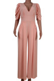 Elegant Solid Backless Solid Color V Neck Jumpsuits