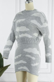 Casual Geometric Patchwork Contrast O Neck Long Sleeve Two Pieces