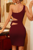 Sexy Solid Bandage Hollowed Out Oblique Collar Wrapped Skirt Dresses