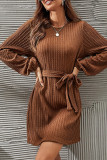 Solid With Belt O Neck One Step Skirt Dresses