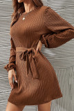 Solid With Belt O Neck One Step Skirt Dresses
