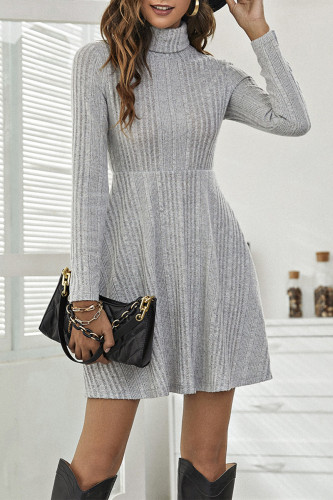 Simplicity Solid Flounce Turtleneck Pleated Dresses