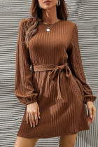 Solid With Belt O Neck One Step Skirt Dresses