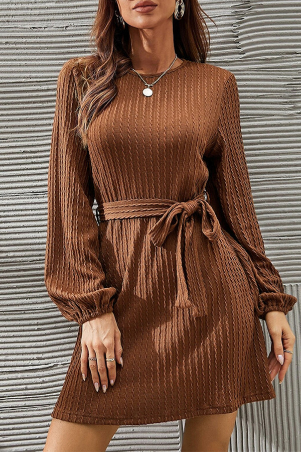 Solid With Belt O Neck One Step Skirt Dresses
