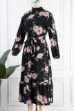 Casual Print Patchwork Half A Turtleneck Waist Skirt Dresses