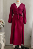 Elegant Solid Frenulum Fold V Neck Pleated Dresses